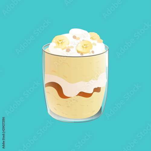 Banana pudding. Healthy vegan snack in glass. Vector illstration isolated on blue background.