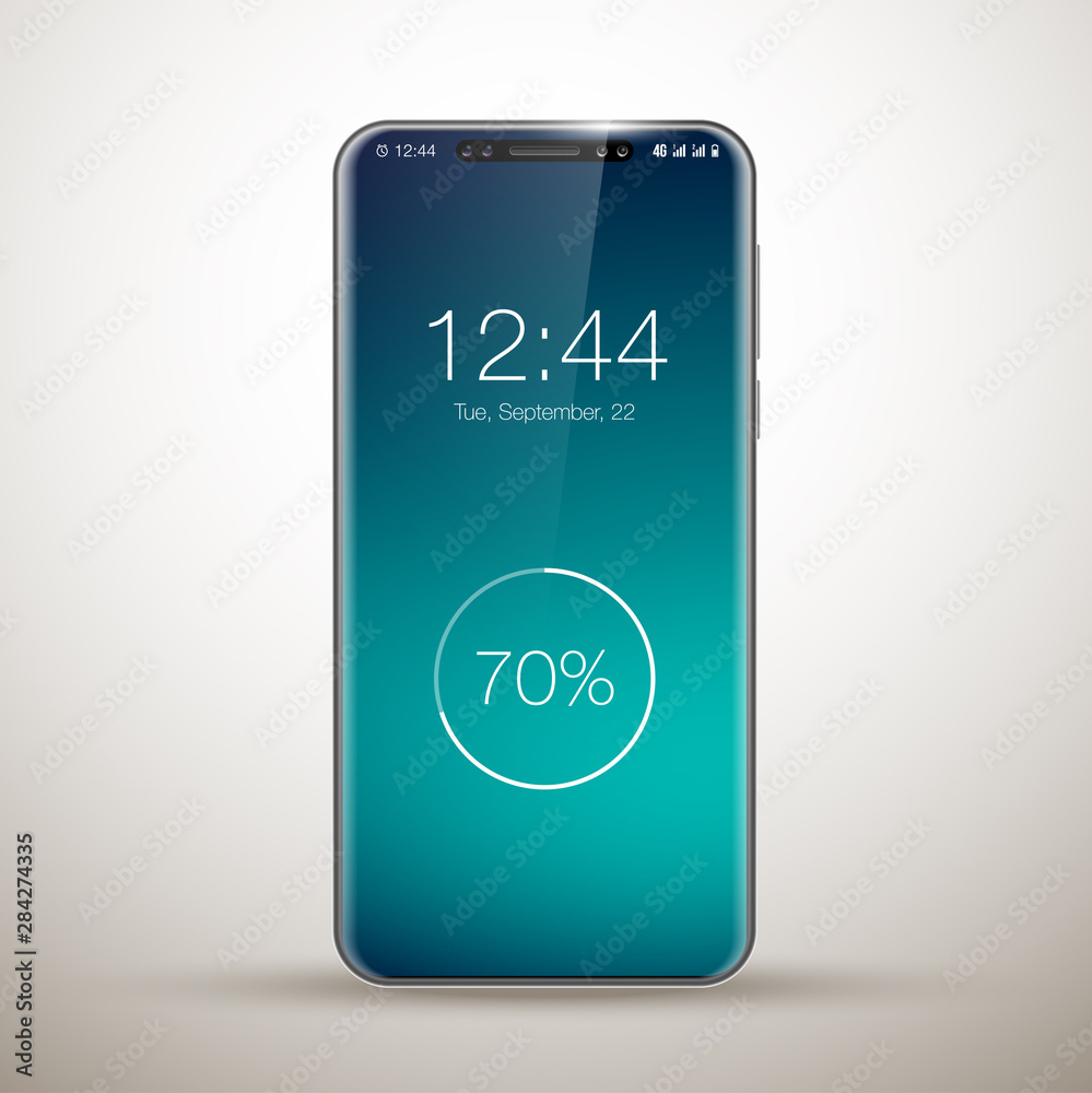 model of a new frameless smartphone concept. New technologies realistic Mobile phone. Smartphone icon Isolated on a blue background. Phone Design Template for Mock Up