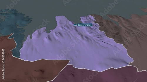 Norðurland vestra - region of Iceland with its capital zoomed on the administrative map of the globe. Animation 3D photo