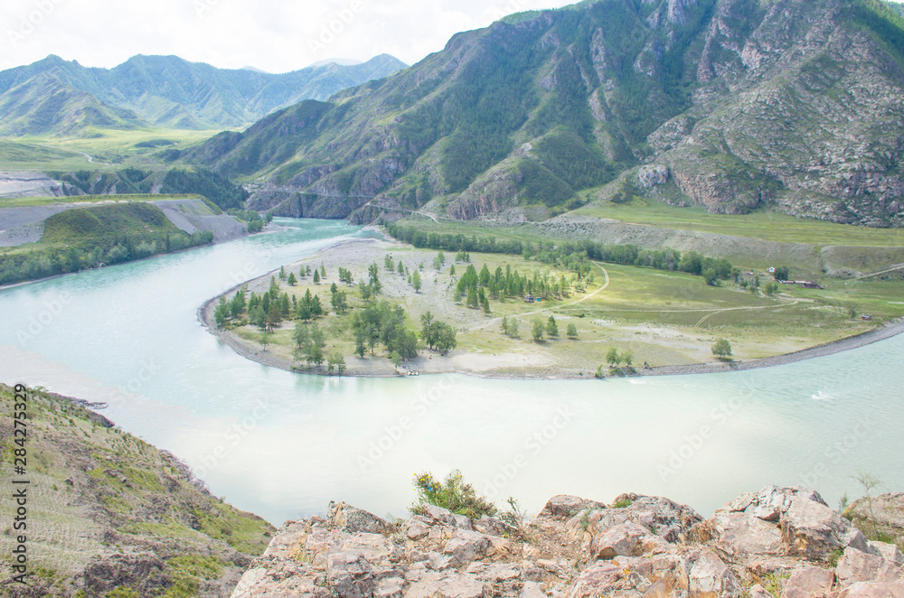 Landscape confluence of Chuya River and Katun River on Altai in Russia among mountains