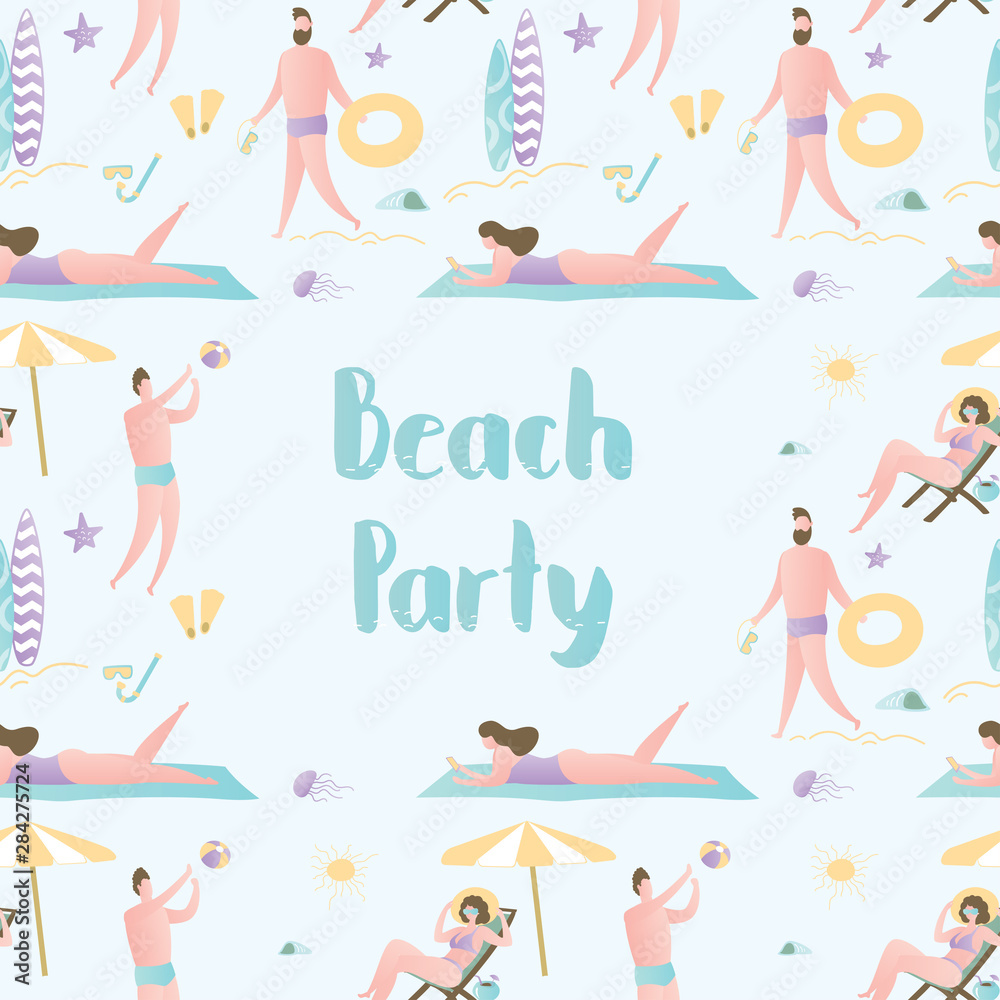 Beach party background or frame with place for text,active male and female characters
