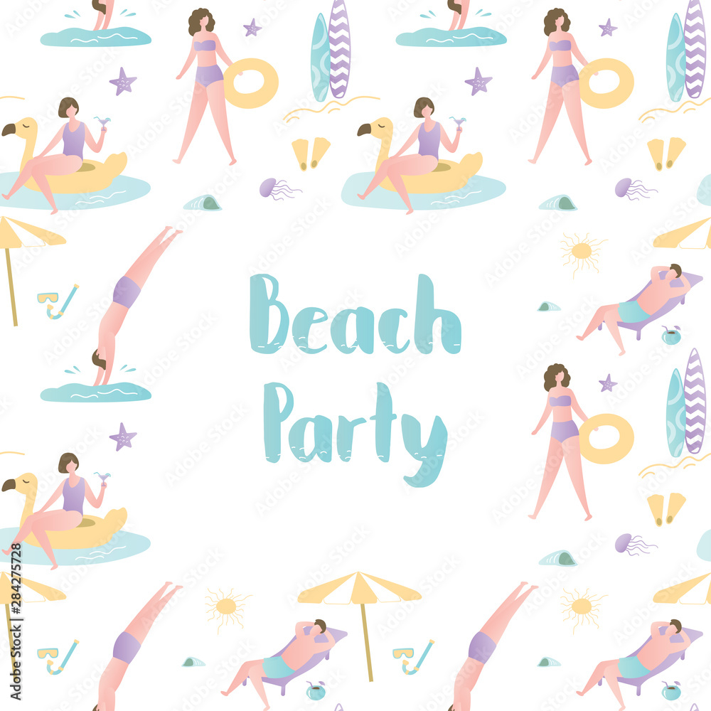 Beach party background or frame with place for text,active male and female characters