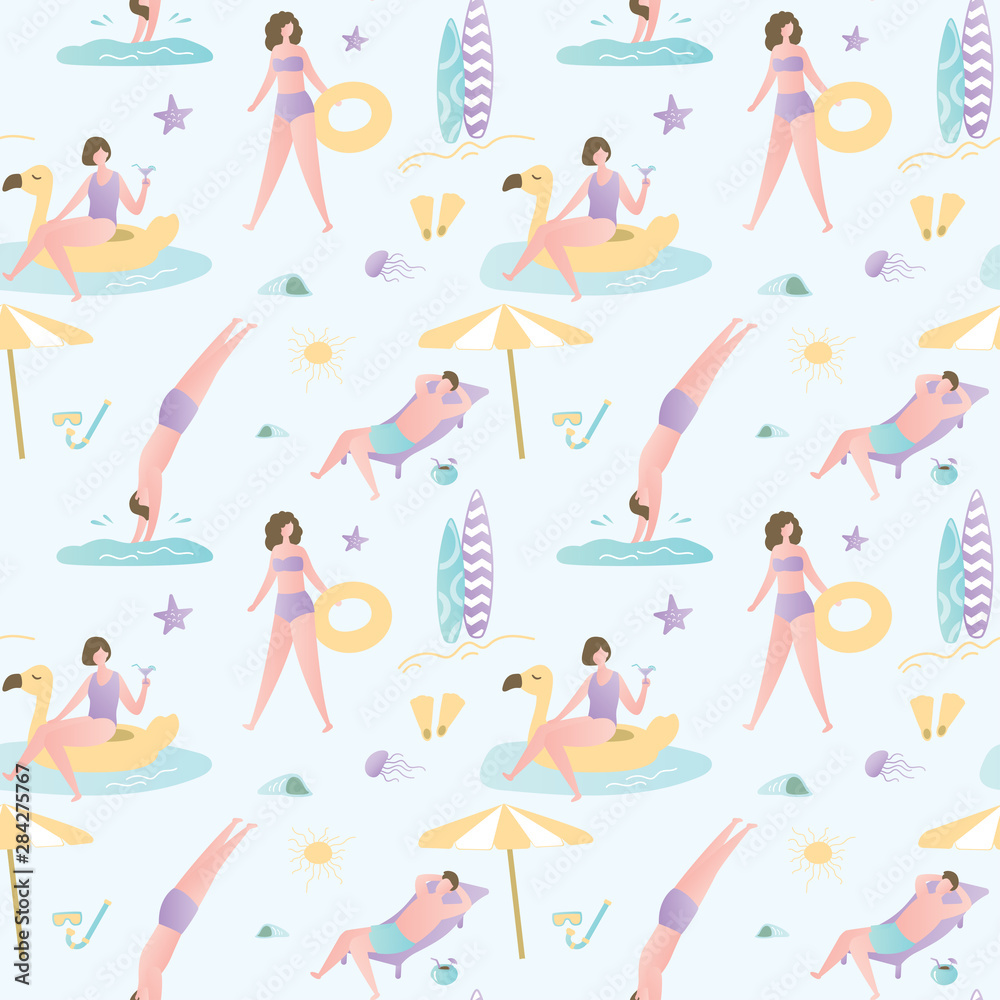 Seamless pattern with various people on beach,men and women in swimsuits in various poses,