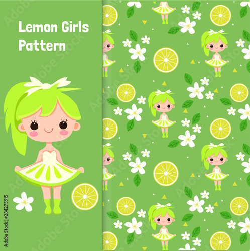 vector and pattern of cute girl in lemon dress costume with lemon and flowers 