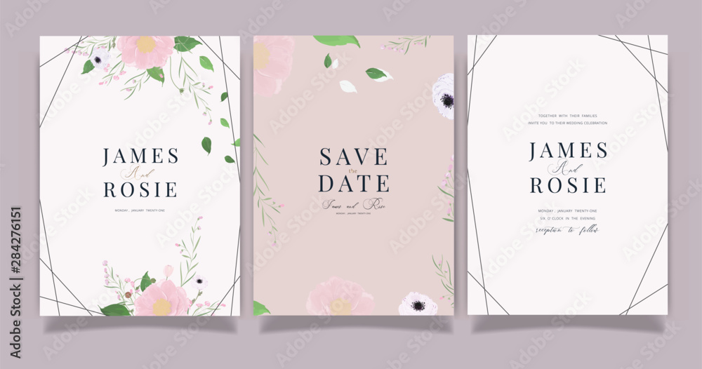 Summer Flower Wedding Invitation set, floral invite thank you, rsvp modern card Design in Pink peony and white  floral with leaf greenery  branches decorative Vector elegant rustic template