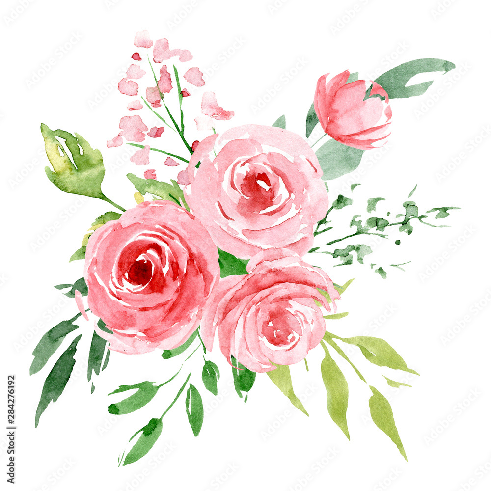 Watercolor flowers, pink roses. Floral bouquet clip art. Perfectly for ...