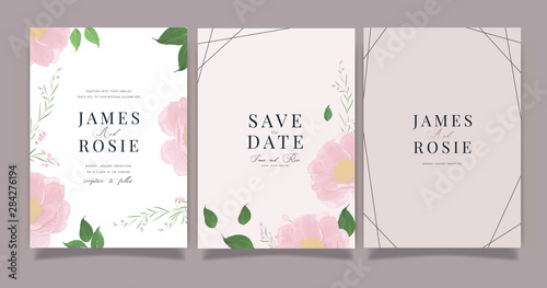 Summer Flower Wedding Invitation set, floral invite thank you, rsvp modern card Design in Pink peony and white  floral with leaf greenery  branches decorative Vector elegant rustic template