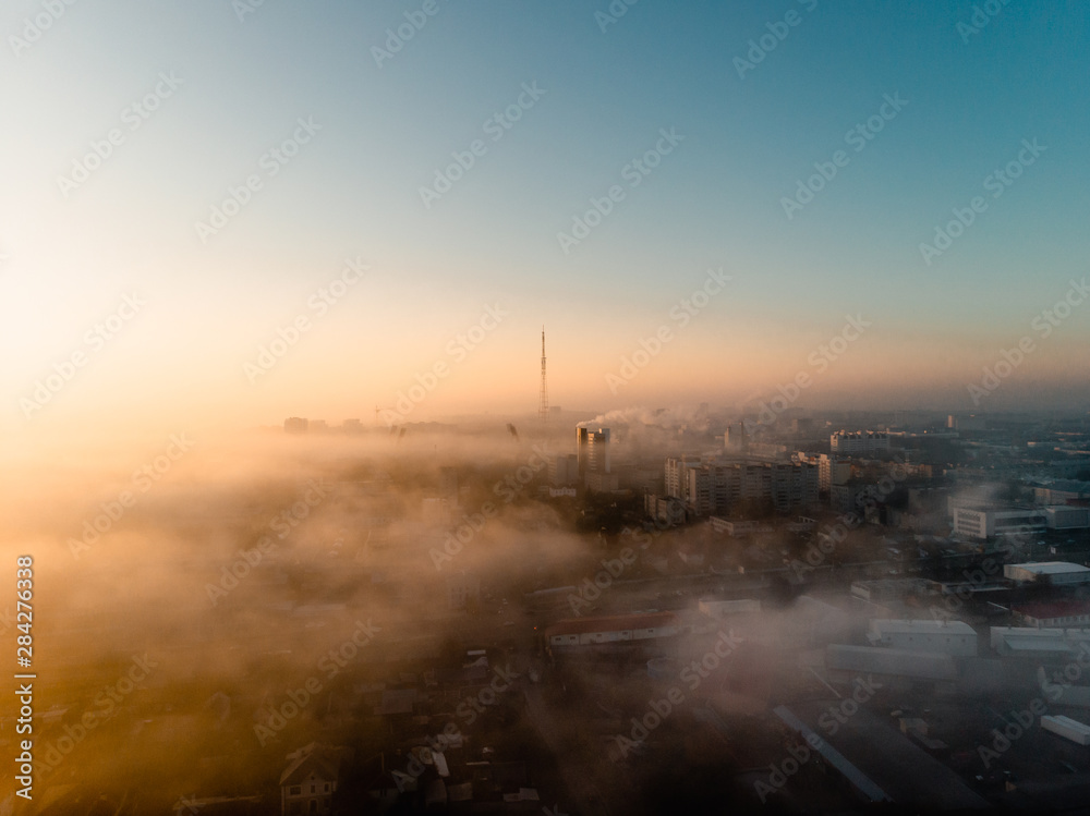sunrise over the city aerial