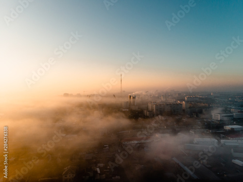 sunrise over the city aerial
