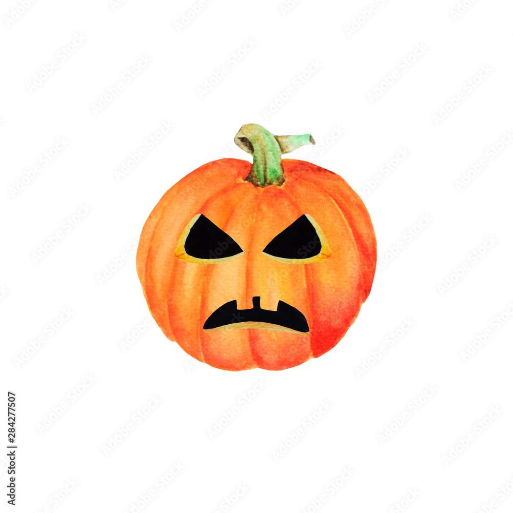 Halloween pumpkin Jack, isolated object on the white background, watercolor hand drawn illustration, cartoon characte Halloween pumpkin Jack, isolated object on the white background, watercolor hand drawn illustration, cartoon characte