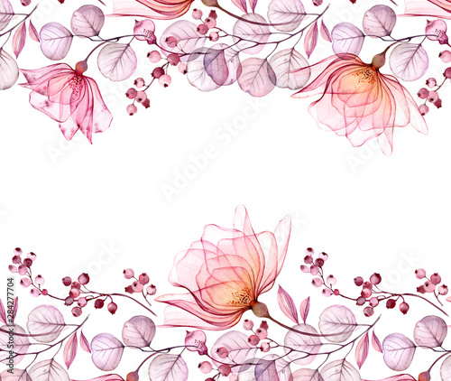 Transparent watercolor rose. Horizontal floral frame. Isolated hand drawn arr...