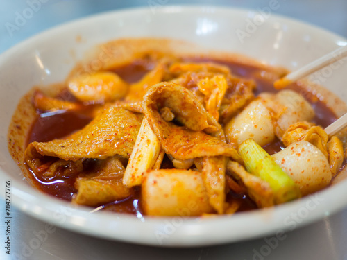 Tteokbokki or ddukbokki Spicy Stir-fried Rice Cakes is Korean popular street foods style