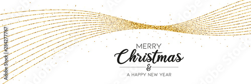 Christmas banner - wavy golden threads with glitter and typography