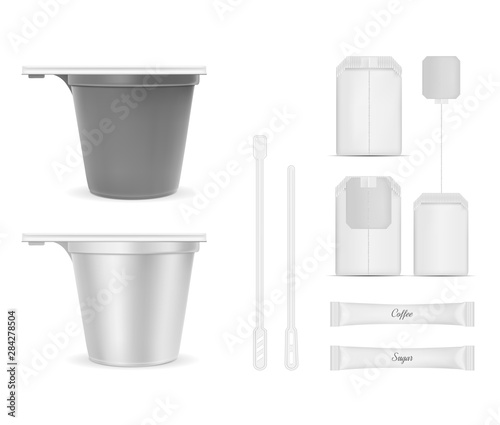 White disposable packaging for sugar and coffee. Paper coffee  or tea cup. Disposable stick for coffee. Realistic vector tea bag
