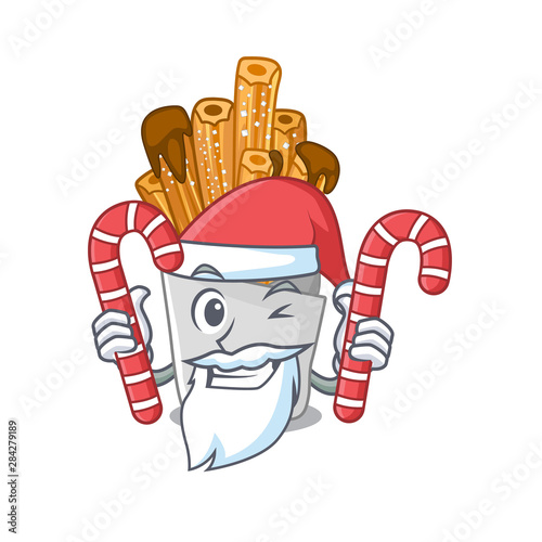 Santa with candy churros in the wooden character jar