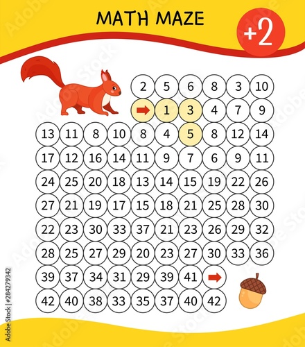 Maze game for children. Material for  learning mathematics. Cartoon cute squirrel.