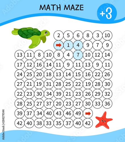 Maze game for children. Material for  learning mathematics. Cartoon cute turtle and starfish.