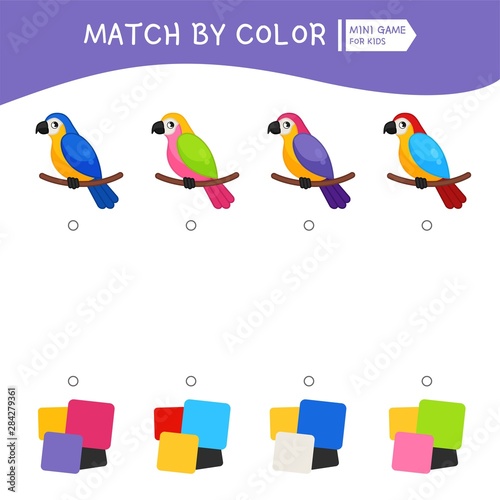 Matching children educational game. Match of parrots and color palettes. Activity for pre sсhool years kids and toddlers.
