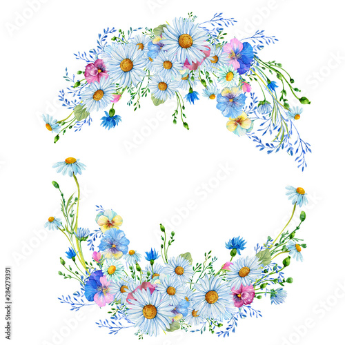 Flower wreath of daisies .Illustration in watercolor,a bouquet of flowers on isolated background © mitrushova
