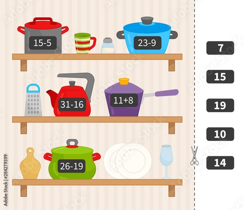Counting educational children game, math kids activity sheet. Cartoon dishes on the shelf.