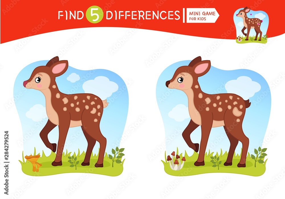 Find differences. Educational game for children. Forest animals. Cartoon vector illustration of cute fawn. Find differences. Educational game for children. Forest animals. Cartoon vector illustration of cute fawn.
