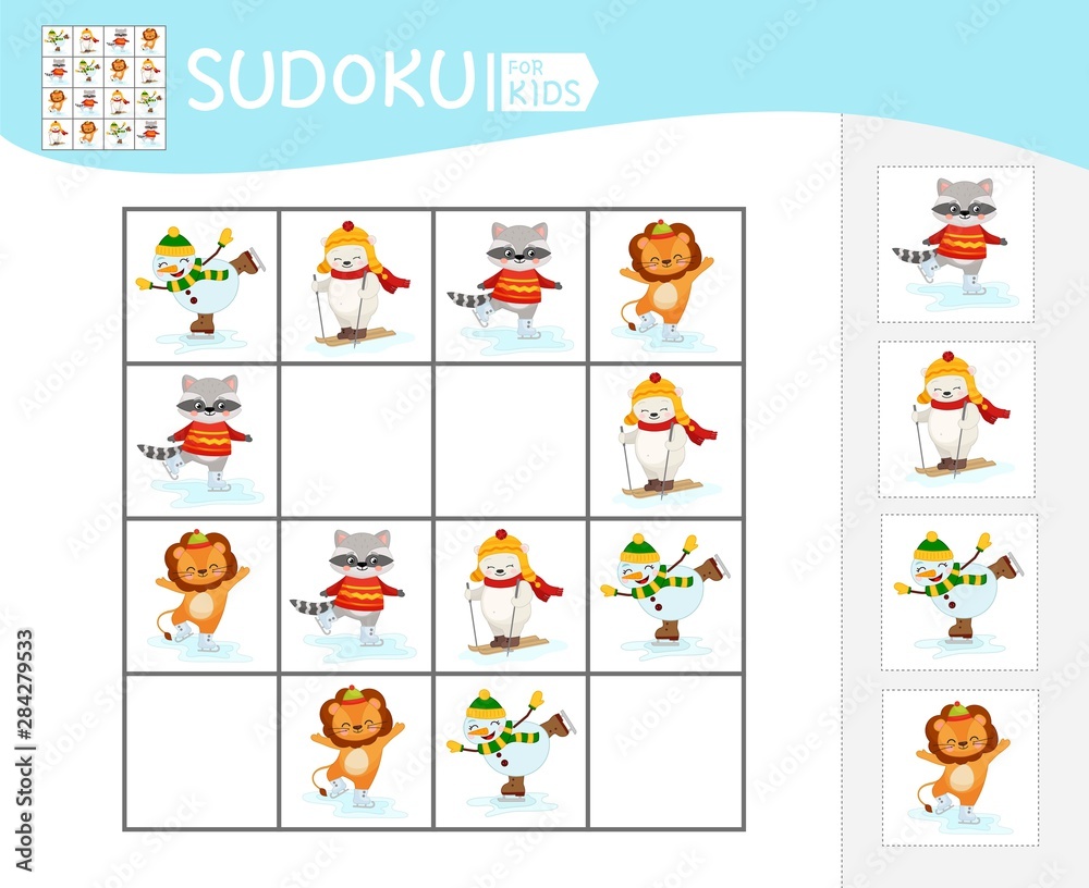 Fototapeta premium Sudoku game for children with pictures. Kids activity sheet. Cartoon cute animals. Winter entertainment.