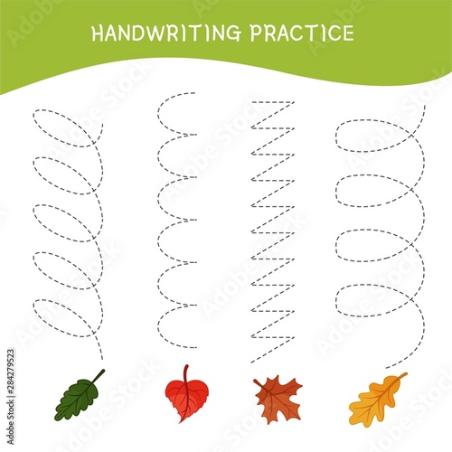 Handwriting practice sheet. Basic writing. Educational game for children.  Cartoon leafs.