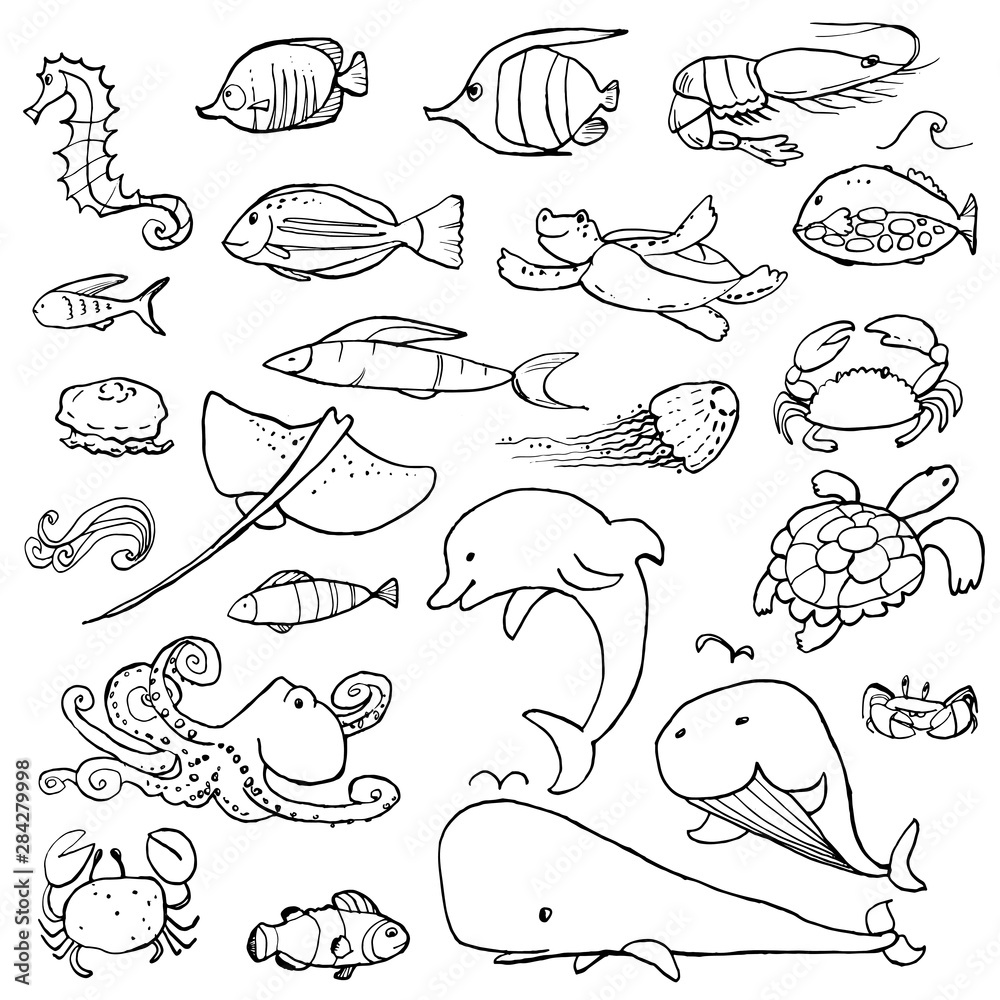 Collection of underwater life ink doodles with watercolor texture. Sea animals and fish. Vector stock set. Cute icons. Can be used for printed materials. Ocean background. Hand drawn design elements.