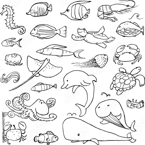 Collection of underwater life ink doodles with watercolor texture. Sea animals and fish. Vector stock set. Cute icons. Can be used for printed materials. Ocean background. Hand drawn design elements.