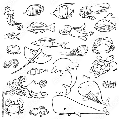 Collection of underwater life ink doodles with watercolor texture. Sea animals and fish. Vector stock set. Cute icons. Can be used for printed materials. Ocean background. Hand drawn design elements.