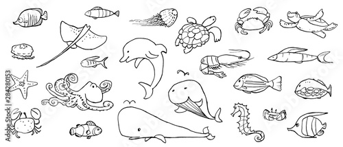 Collection of underwater life ink doodles with watercolor texture. Sea animals and fish. Vector stock set. Cute icons. Can be used for printed materials. Ocean background. Hand drawn design elements.