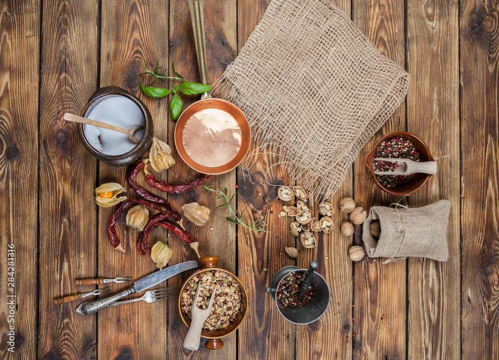 Kitchen retro arrangement on a wooden background Kitchen retro arrangement on a wooden background