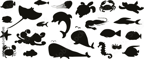 Collection of underwater life ink doodle silhouettes. Sea animals and fish. Vector stock set. Cute icons. Can be used for printed materials. Ocean background. Hand drawn design elements.