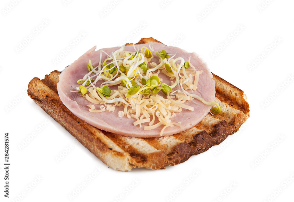 Toast with ham and sprouts on a white background (view from a different angle in the portfolio)