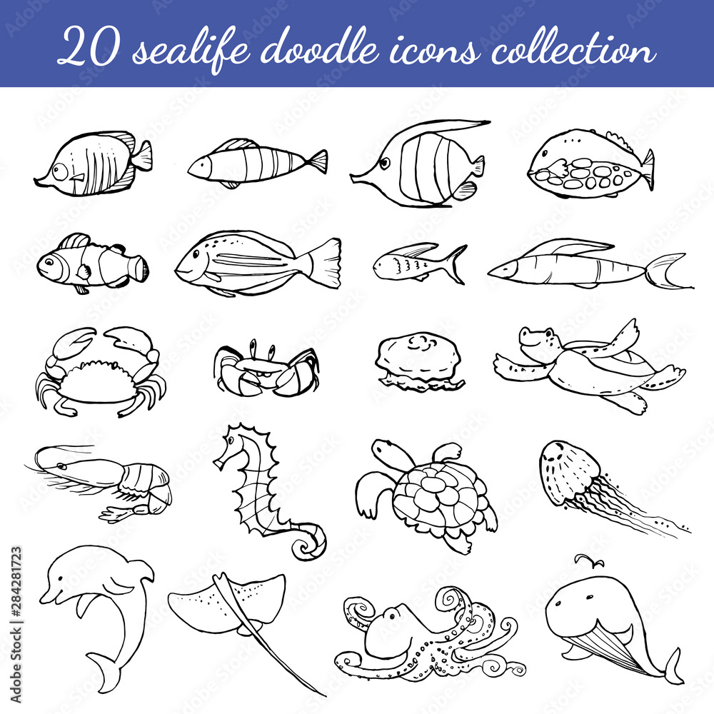 Collection of underwater life ink doodles. Sea animals and fish. Vector stock set. Cute icons. Can be used for printed materials. Ocean background. Hand drawn design elements.