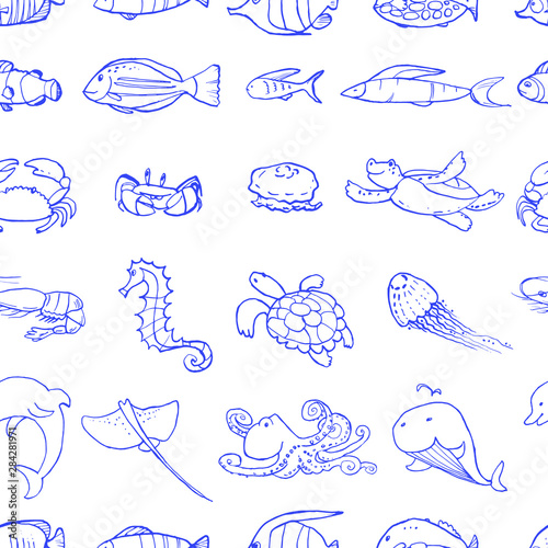 Seamless pattern of underwater life ink doodles. Sea animals and fish. Vector stock set. Cute icons. For printed materials. Ocean background. Hand drawn design elements.