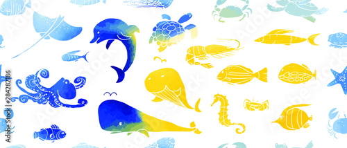 Seamless pattern of underwater life ink doodles with watercolor texture. Sea animals and fish. Vector stock set. Cute icons. For printed materials. Ocean background. Hand drawn design elements.