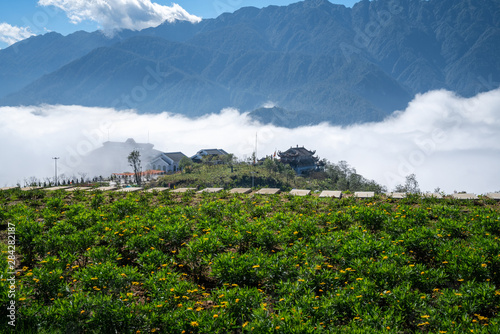 Mountain and low clouds view with stone walking steps above clouds in Sapa, Vietnam