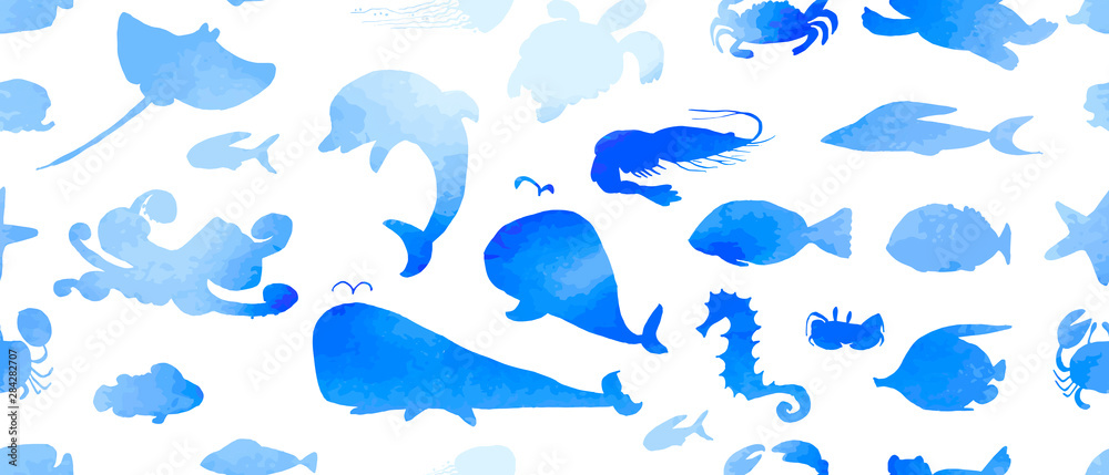 Fototapeta premium Seamless pattern of underwater life ink doodles with watercolor texture. Sea animals and fish. Vector stock set. Cute icons. For printed materials. Ocean background. Hand drawn design elements.