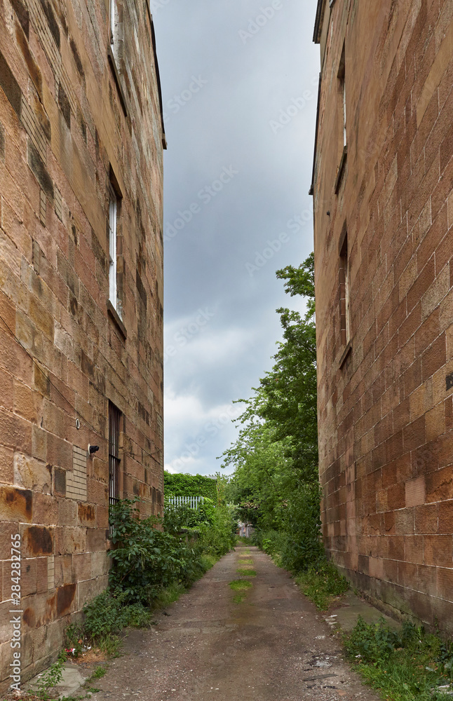 Looking through a small overgrown Alley between old Tenements in Glasgow on a grey Cloudy Summers Day. Glasgow, Scotland, UK.