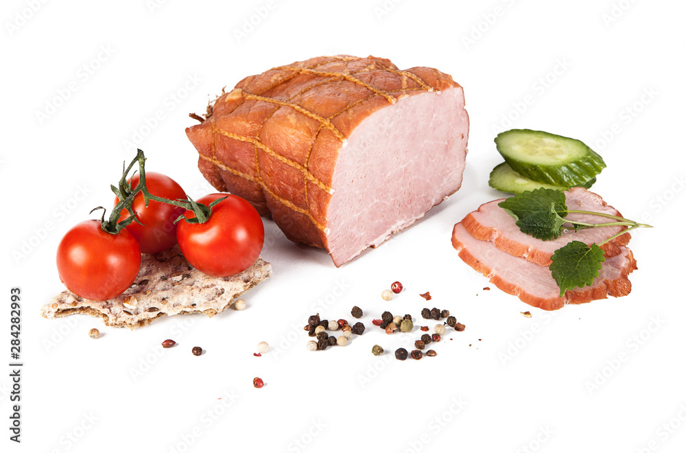 Smoked ham on white background (view from a different angle in the portfolio) Smoked ham on white background (view from a different angle in the portfolio)