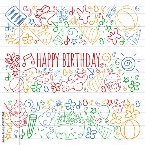 Vector set of cute creative illustration templates with birthday theme design. Hand Drawn for holiday  party invitations. Drawing on exercise notebook in colorful style.