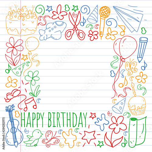 Vector set of cute creative illustration templates with birthday theme design. Hand Drawn for holiday, party invitations. Drawing on exercise notebook in colorful style.