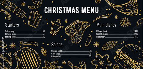 Christmas menu design template. Composition with New Year decorations and food. Hand drawn outline vector sketch illustration
