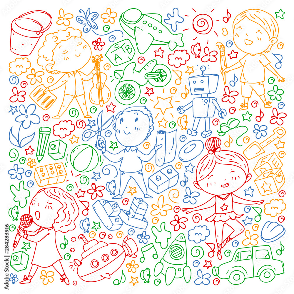 Painted by hand style pattern on the theme of childhood. Vector illustration for children design. Drawing on notebook in colorful style.