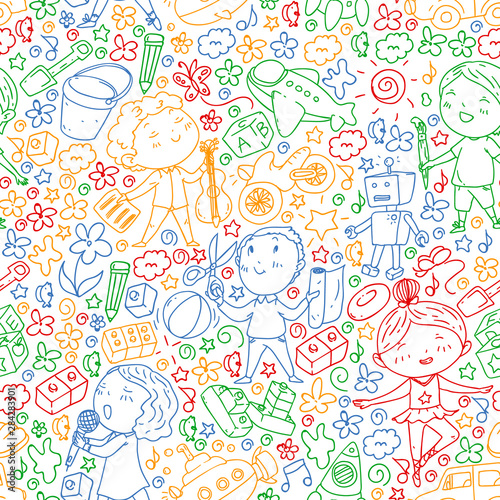 Painted by hand style pattern on the theme of childhood. Vector illustration for children design. Drawing on notebook in colorful style.