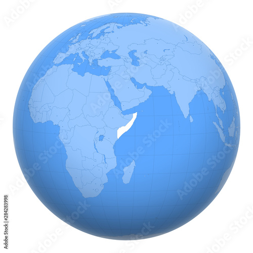 Somalia on the globe. Earth centered at the location of the Federal Republic of Somalia. Map of Somalia. Includes layer with capital cities.