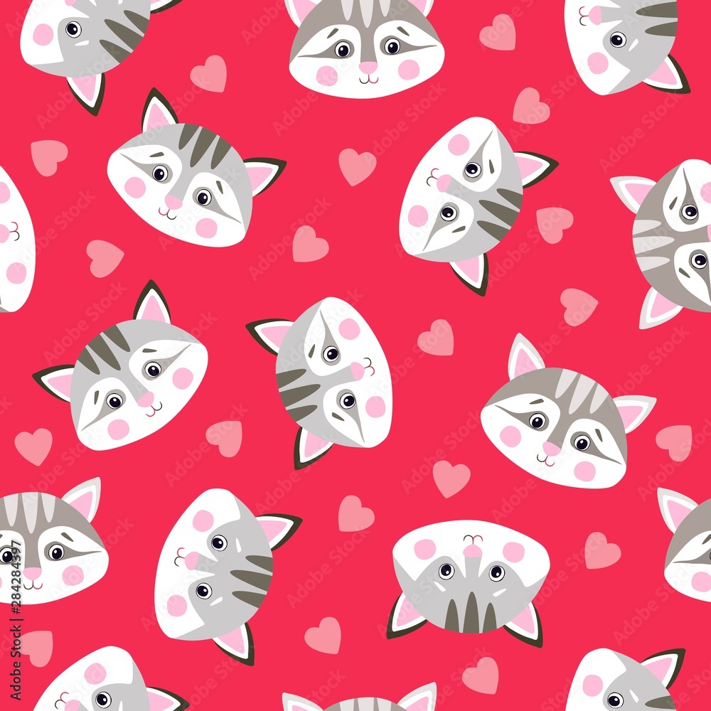 Cute seamless pattern with cat faces and hearts. Print for fabric and textile.