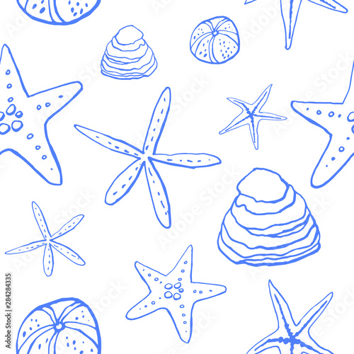 Collection of sea shell ink doodles on white backdrop. Seamless pattern. Endless texture. Can be used for printed materials. Underwater holiday background. Hand drawn design elements. Sea life print.