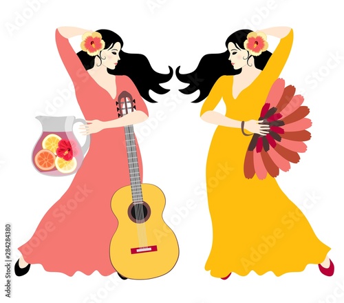 Beautiful spanish women. One with guitar and traditional drink - sangria, and other with fan.